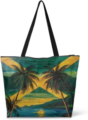 Tote Paper Bag USA Flag Shoulder Bag with Zippers, Jeans Pocket Puppy Large Shopping Beach Bags Handle Book Tote