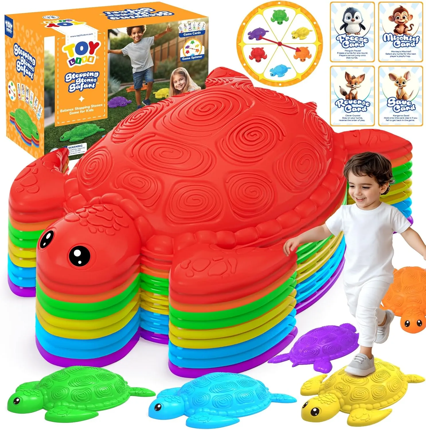 TOY Life 10 Pcs Turtle Balance Stepping Stone for Kids, Indoor Outside Toys for Kids Ages 4-8, Toddler Outdoor Toys, Stepping Stones Game, with Cards and Spinner