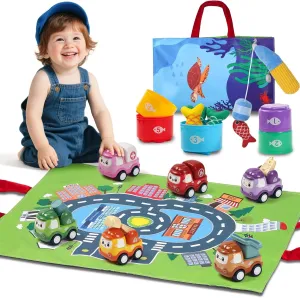 Toys for 1-3 Year Old Boys Girls, 2 in1 Cloth Fishing Game with Stacking Cups, Truck Car Toys for Kids Ages 1-2 with Playmat, Baby and Toddler Toy 12-18 Months 1st Birthday Gift