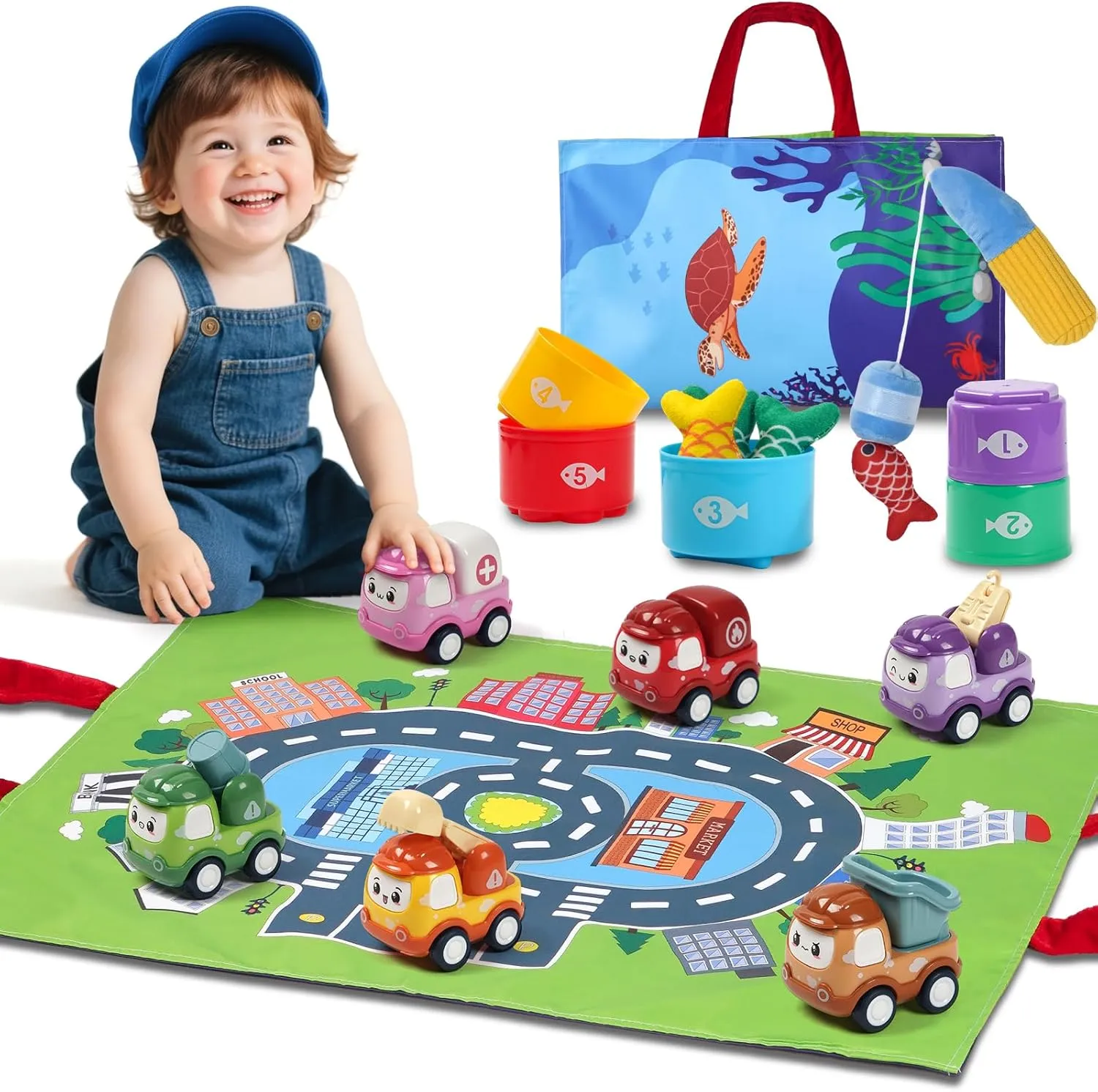 Toys for 1-3 Year Old Boys Girls, 2 in1 Cloth Fishing Game with Stacking Cups, Truck Car Toys for Kids Ages 1-2 with Playmat, Baby and Toddler Toy 12-18 Months 1st Birthday Gift