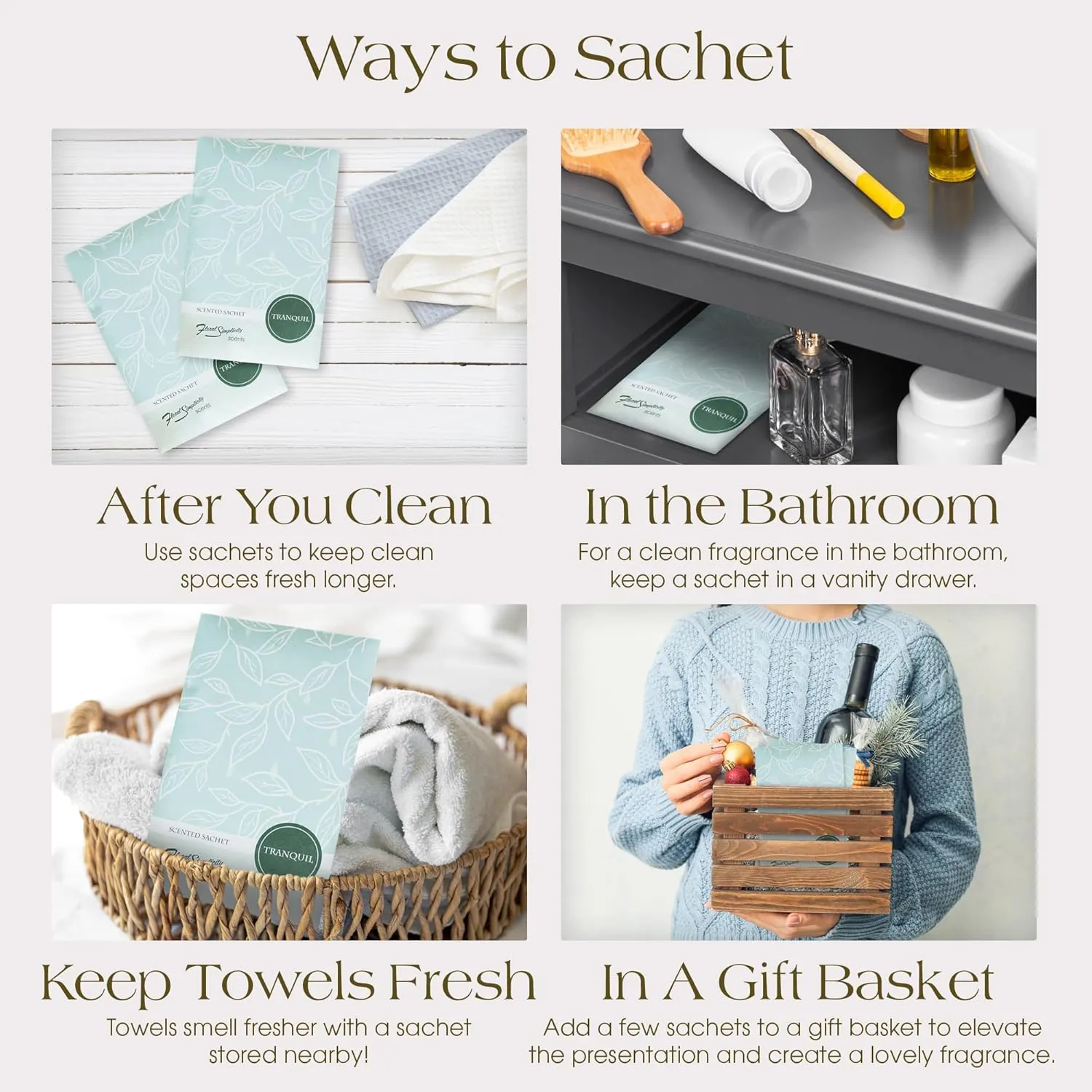 Tranquil Scented Sachets Pack of 6, Everyday - Long-Lasting Scented Bags, Home Fragrance, Air Freshener & Deodorizer for Closet, Room, Drawer, or Cars, Made in USA