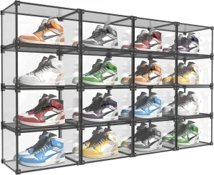 Transparent Plastic Storage Clear Shoe Display Case Box Organizer - Magnetic Side Open, 16PC (Black)