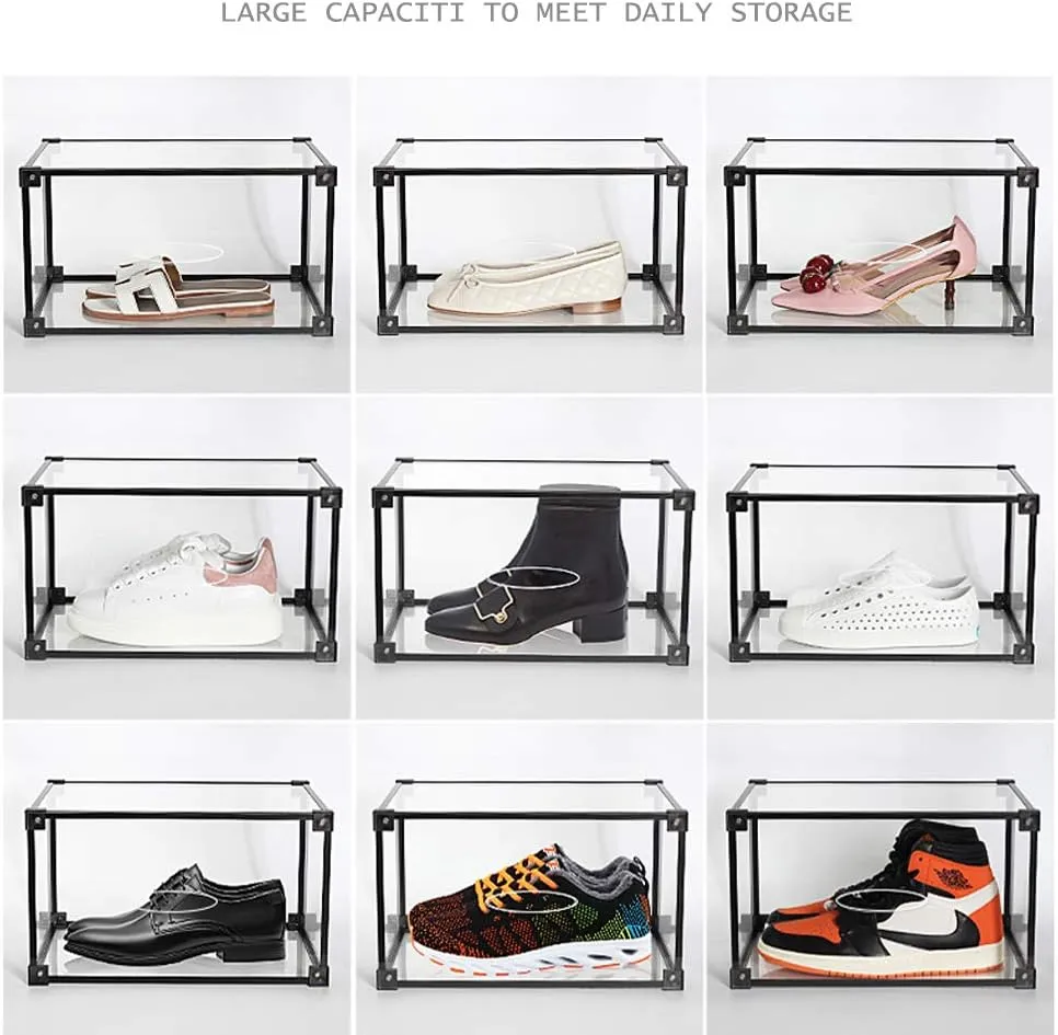 Transparent Plastic Storage Clear Shoe Display Case Box Organizer - Magnetic Side Open, 16PC (Black)