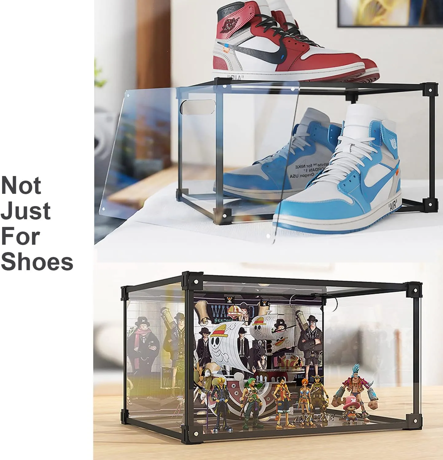 Transparent Plastic Storage Clear Shoe Display Case Box Organizer - Magnetic Side Open, 16PC (Black)