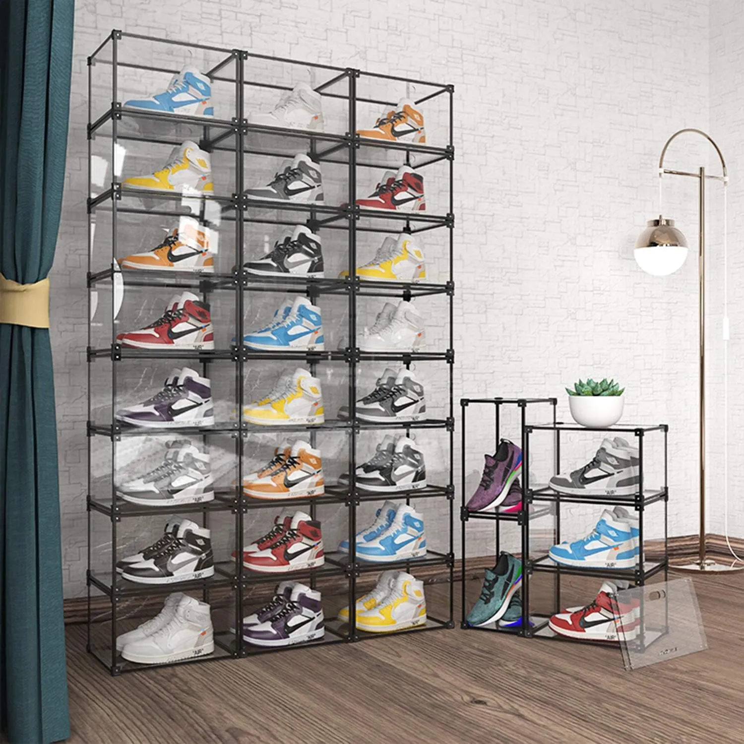 Transparent Plastic Storage Clear Shoe Display Case Box Organizer - Magnetic Side Open, 16PC (Black)