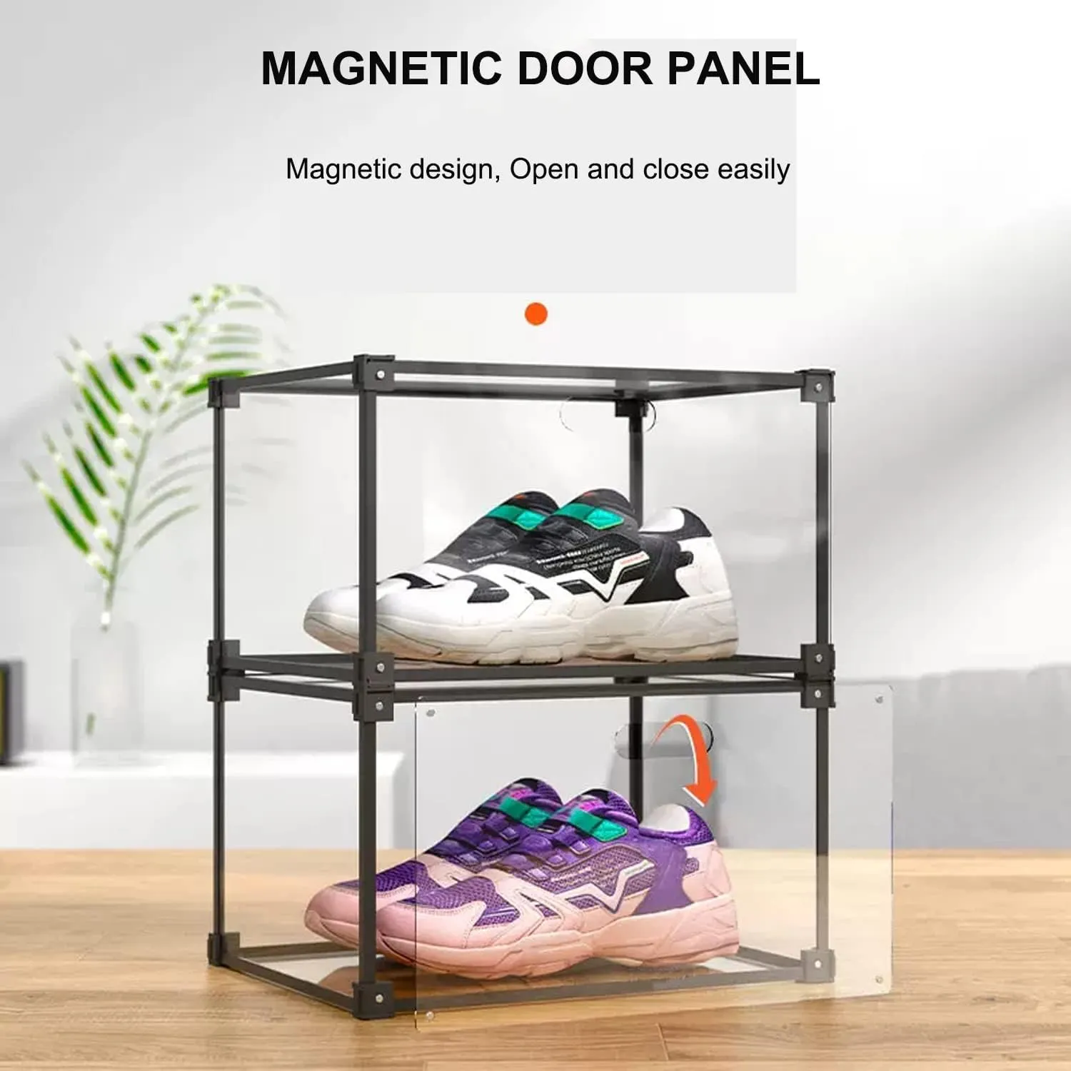 Transparent Plastic Storage Clear Shoe Display Case Box Organizer - Magnetic Side Open, 16PC (Black)
