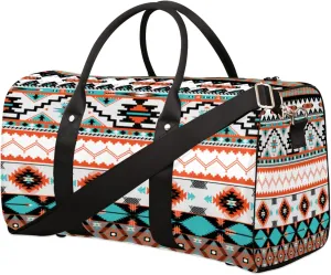 Travel Duffel Bag Ethnic Aztec Geometric Waterproof Weekend Overnight Bag Carry-on Workout Bag for Sports Gym Camping Outdoor Activities