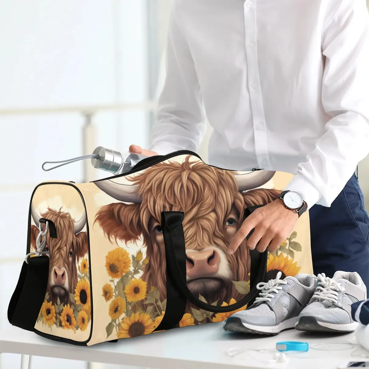 Travel Duffel Bag, Sunflower Highland Cow Sports Tote Gym Bag Foldable Western Aztec Weekender Bag Carry on Luggage Handle Bag Overnight Shoulder Bag for Women Men,A-730