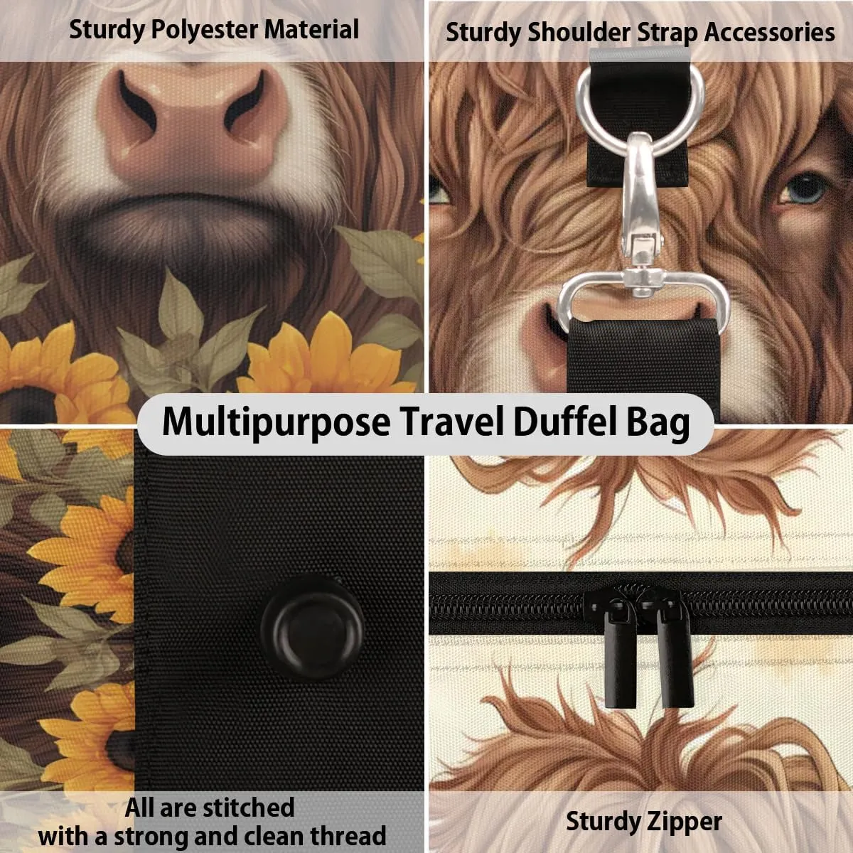 Travel Duffel Bag, Sunflower Highland Cow Sports Tote Gym Bag Foldable Western Aztec Weekender Bag Carry on Luggage Handle Bag Overnight Shoulder Bag for Women Men,A-730