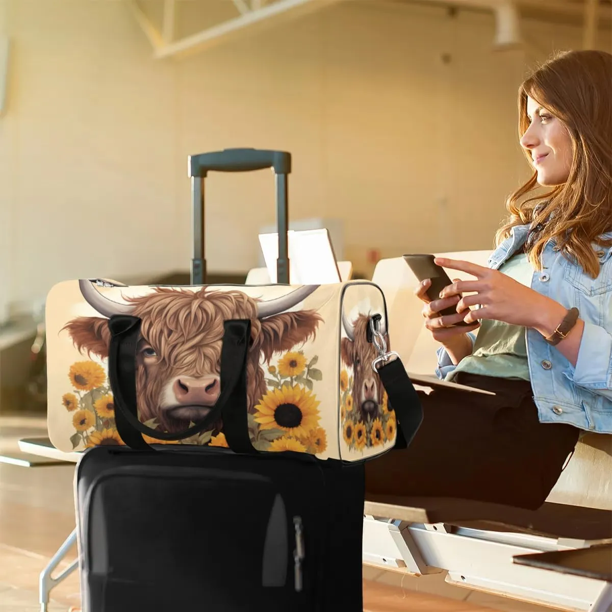 Travel Duffel Bag, Sunflower Highland Cow Sports Tote Gym Bag Foldable Western Aztec Weekender Bag Carry on Luggage Handle Bag Overnight Shoulder Bag for Women Men,A-730