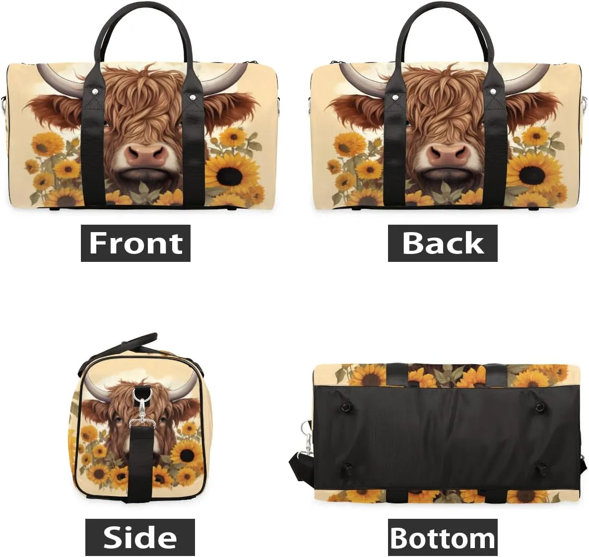 Travel Duffel Bag, Sunflower Highland Cow Sports Tote Gym Bag Foldable Western Aztec Weekender Bag Carry on Luggage Handle Bag Overnight Shoulder Bag for Women Men,A-730