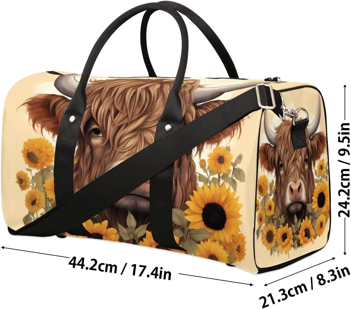 Travel Duffel Bag, Sunflower Highland Cow Sports Tote Gym Bag Foldable Western Aztec Weekender Bag Carry on Luggage Handle Bag Overnight Shoulder Bag for Women Men,A-730