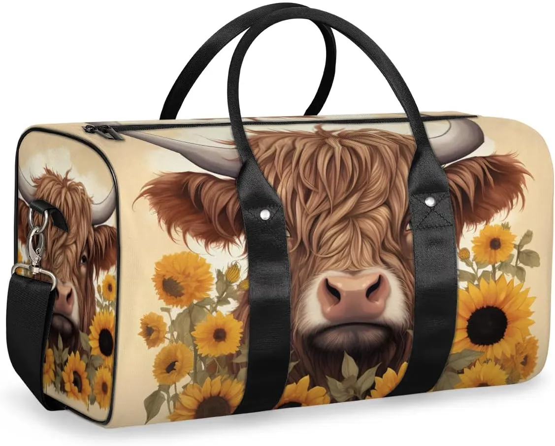 Travel Duffel Bag, Sunflower Highland Cow Sports Tote Gym Bag Foldable Western Aztec Weekender Bag Carry on Luggage Handle Bag Overnight Shoulder Bag for Women Men,A-730