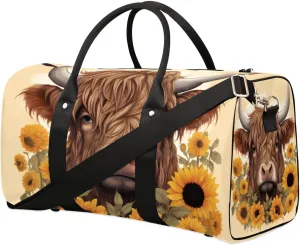 Travel Duffel Bag, Sunflower Highland Cow Sports Tote Gym Bag Foldable Western Aztec Weekender Bag Carry on Luggage Handle Bag Overnight Shoulder Bag for Women Men,A-730