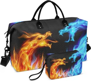 Travel Duffle Bag, Blue and Red Fire Dragons Gym Bag with Storage Bag Weekender Overnight Bag for Men Women Trip Sports Yoga
