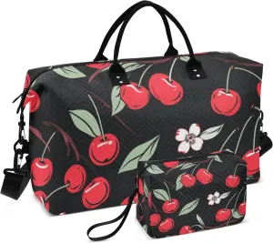 Travel Duffle Bag, Cherry Black Gym Bag with Storage Bag Weekender Overnight Bag for Men Women Trip Sports Yoga