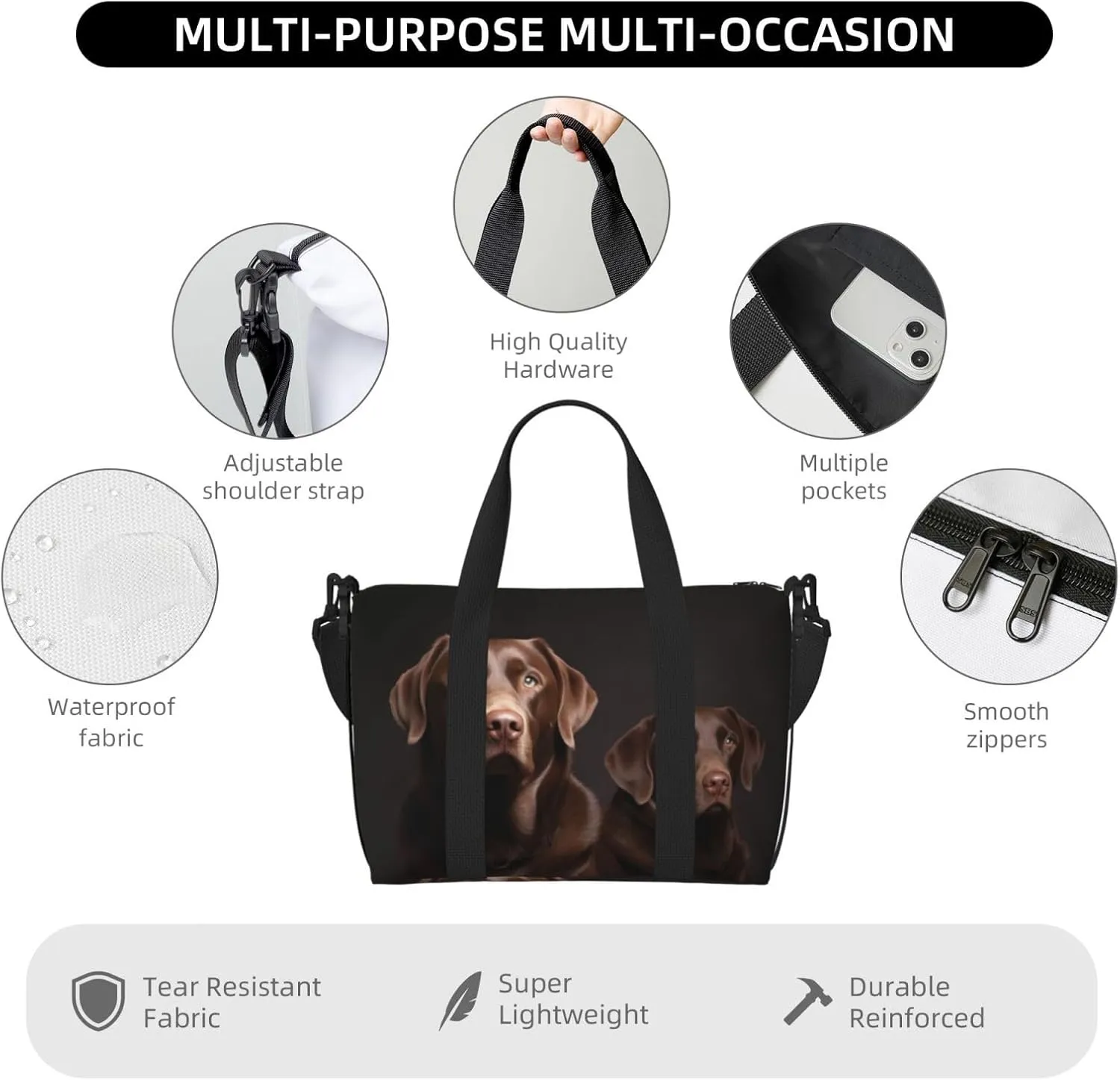 Travel Duffle Bag Weekender Bags for Men Women Adjustable Large Capacity Weekender Overnight Bag Carry On Tote Bags Waterproof Sport Gym Bag for Travel Yoga, Brown Labrador Retriever, One Size