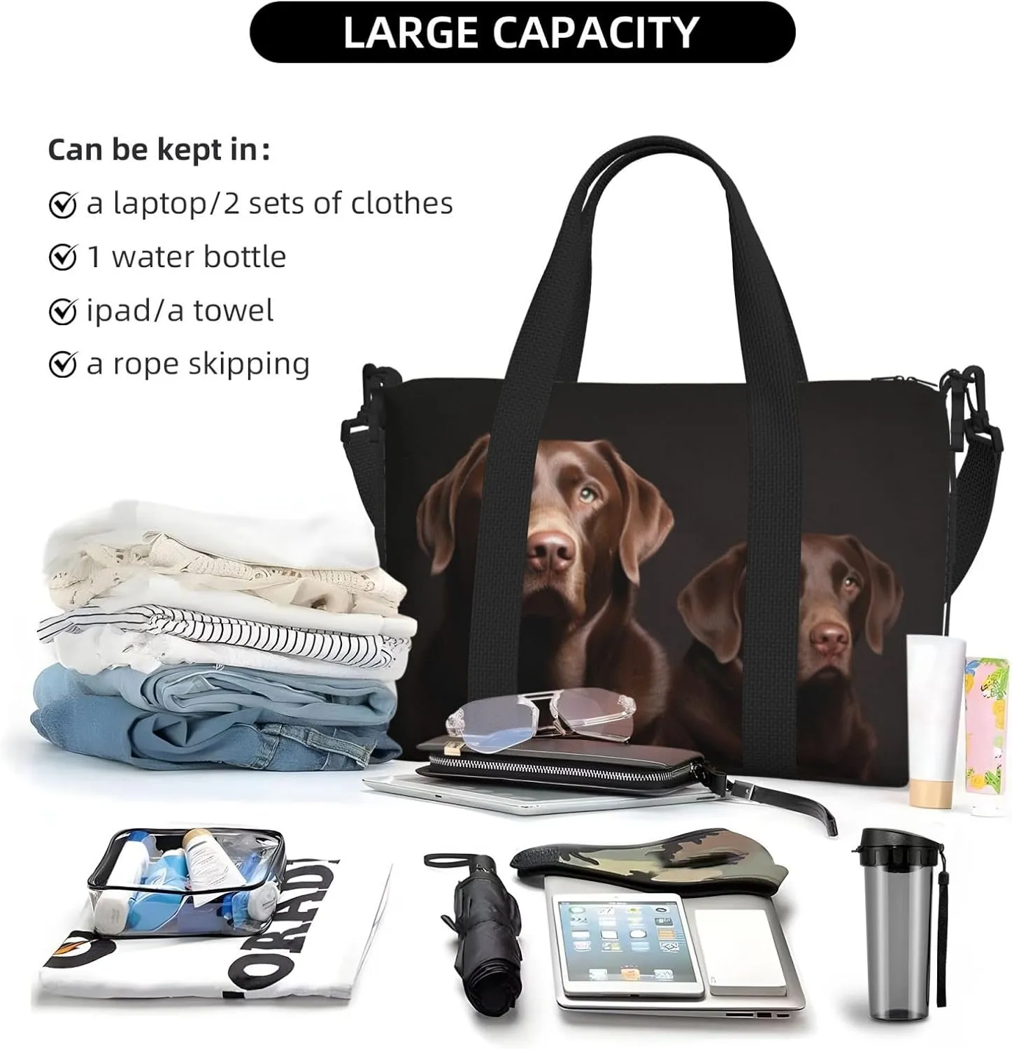 Travel Duffle Bag Weekender Bags for Men Women Adjustable Large Capacity Weekender Overnight Bag Carry On Tote Bags Waterproof Sport Gym Bag for Travel Yoga, Brown Labrador Retriever, One Size