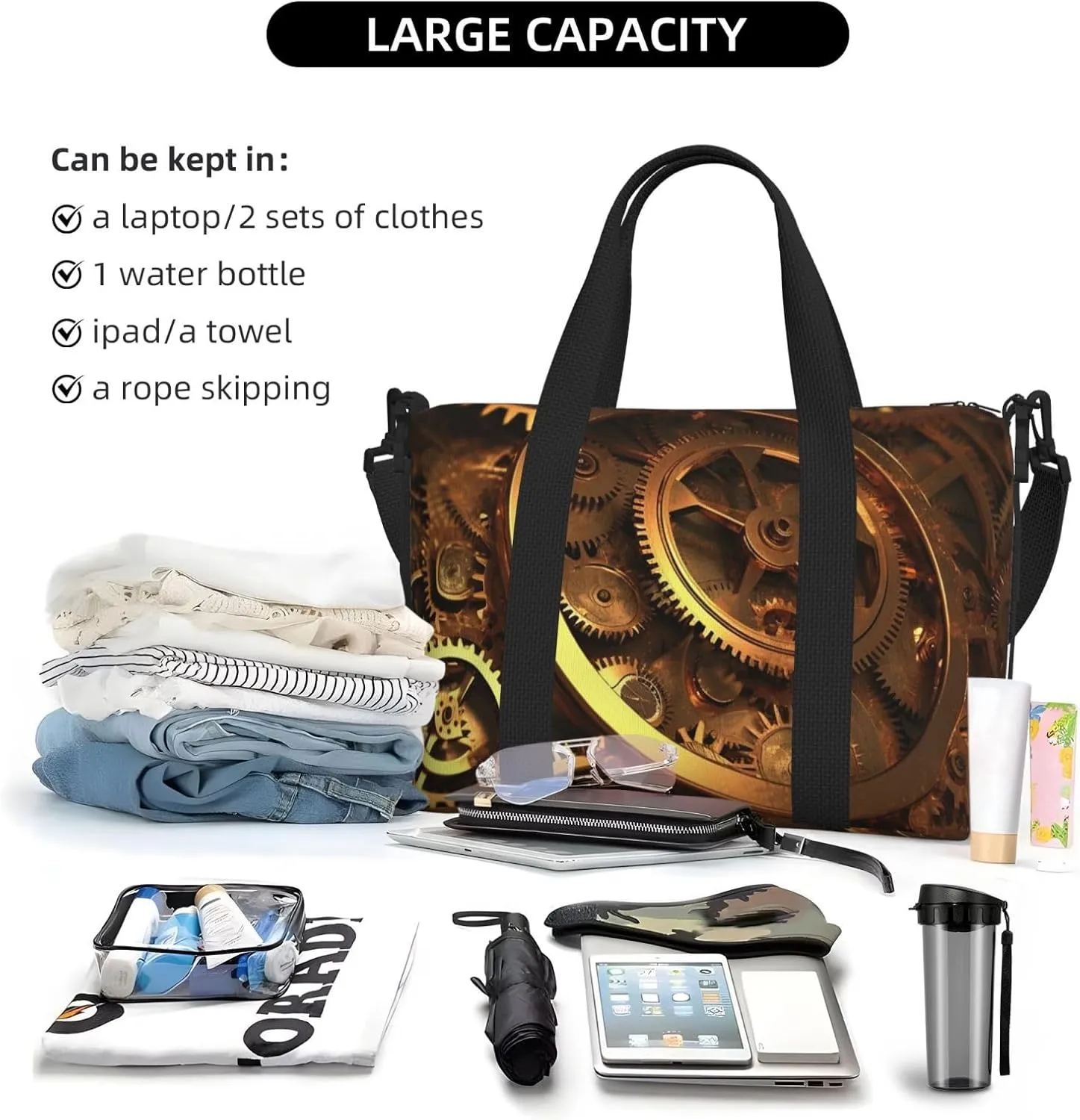 Travel Duffle Bag Weekender Bags for Men Women Adjustable Large Capacity Weekender Overnight Bag Carry On Tote Bags Waterproof Sport Gym Bag for Travel Yoga, Cool Steampunk Gears, One Size