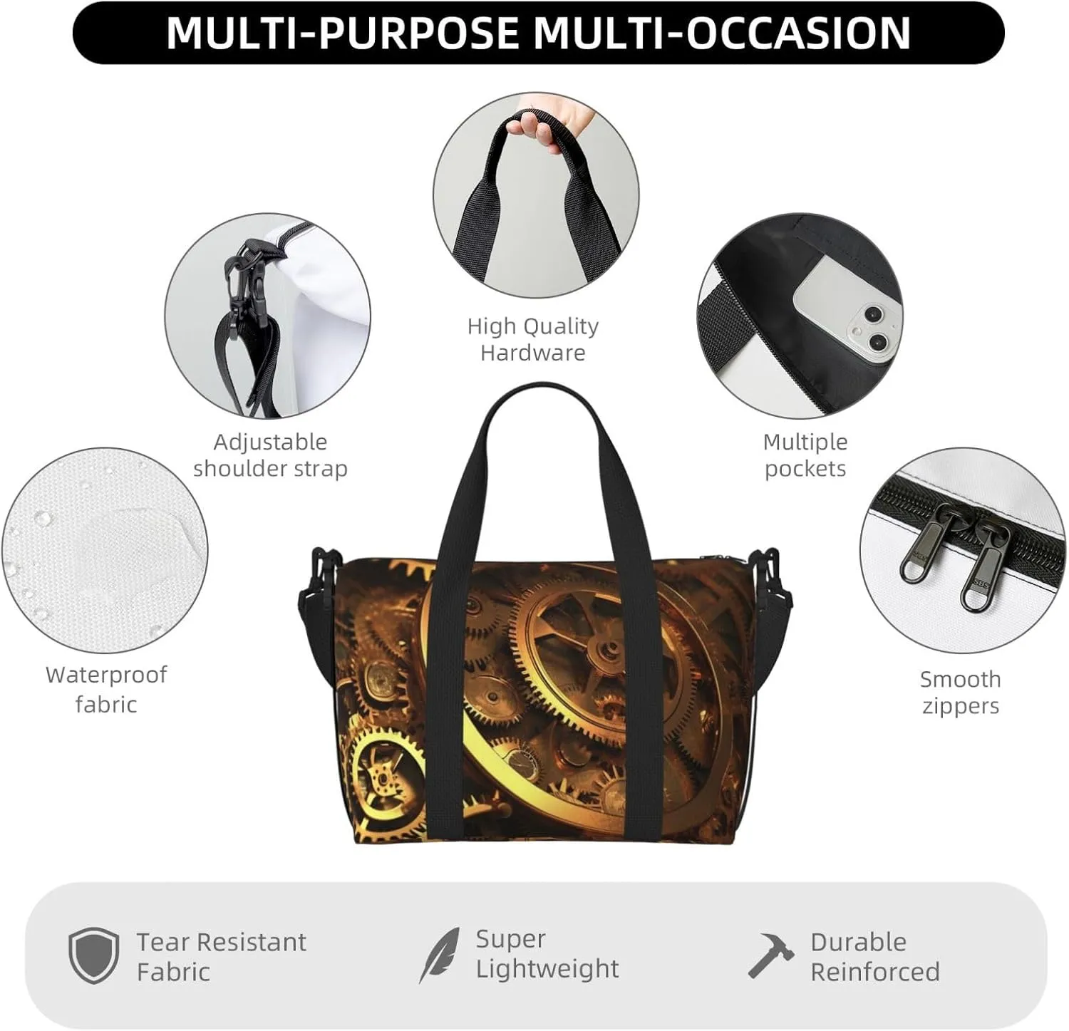 Travel Duffle Bag Weekender Bags for Men Women Adjustable Large Capacity Weekender Overnight Bag Carry On Tote Bags Waterproof Sport Gym Bag for Travel Yoga, Cool Steampunk Gears, One Size