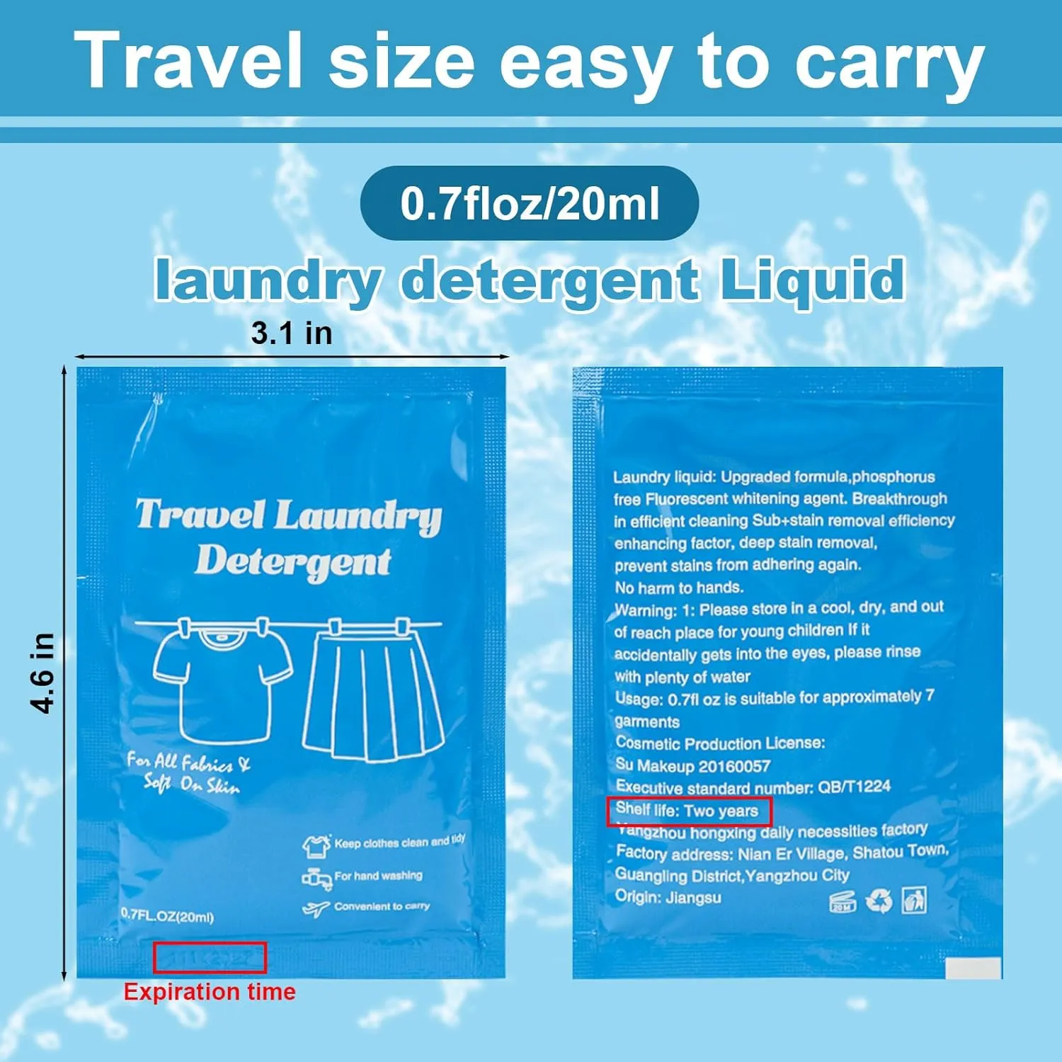 Travel Size Liquid Laundry Detergent 0.7floz/20ml per Bag, Travel Laundry Detergent for Hand Washing,Laundry Soap Travel Size Suitable for All Fabrics in the sink in Hotel,Air Bnb (100)