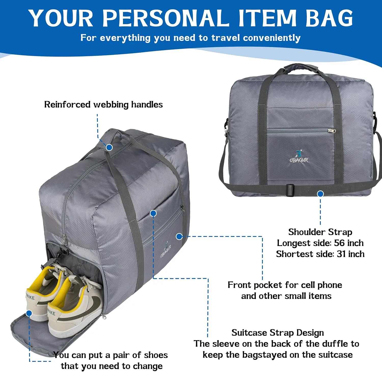 Travel Tote Bag Foldable Travel Duffel Bag For Spirit Airlines Personal Item Bag, Weekender Bags for Men Women with Shoe Compartment, Carry on Overnight Bag(Gray,20L)