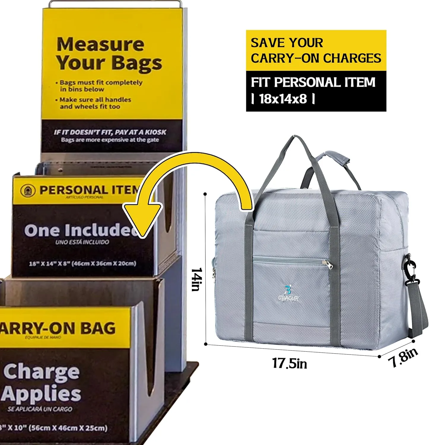 Travel Tote Bag Foldable Travel Duffel Bag For Spirit Airlines Personal Item Bag, Weekender Bags for Men Women with Shoe Compartment, Carry on Overnight Bag(Gray,20L)