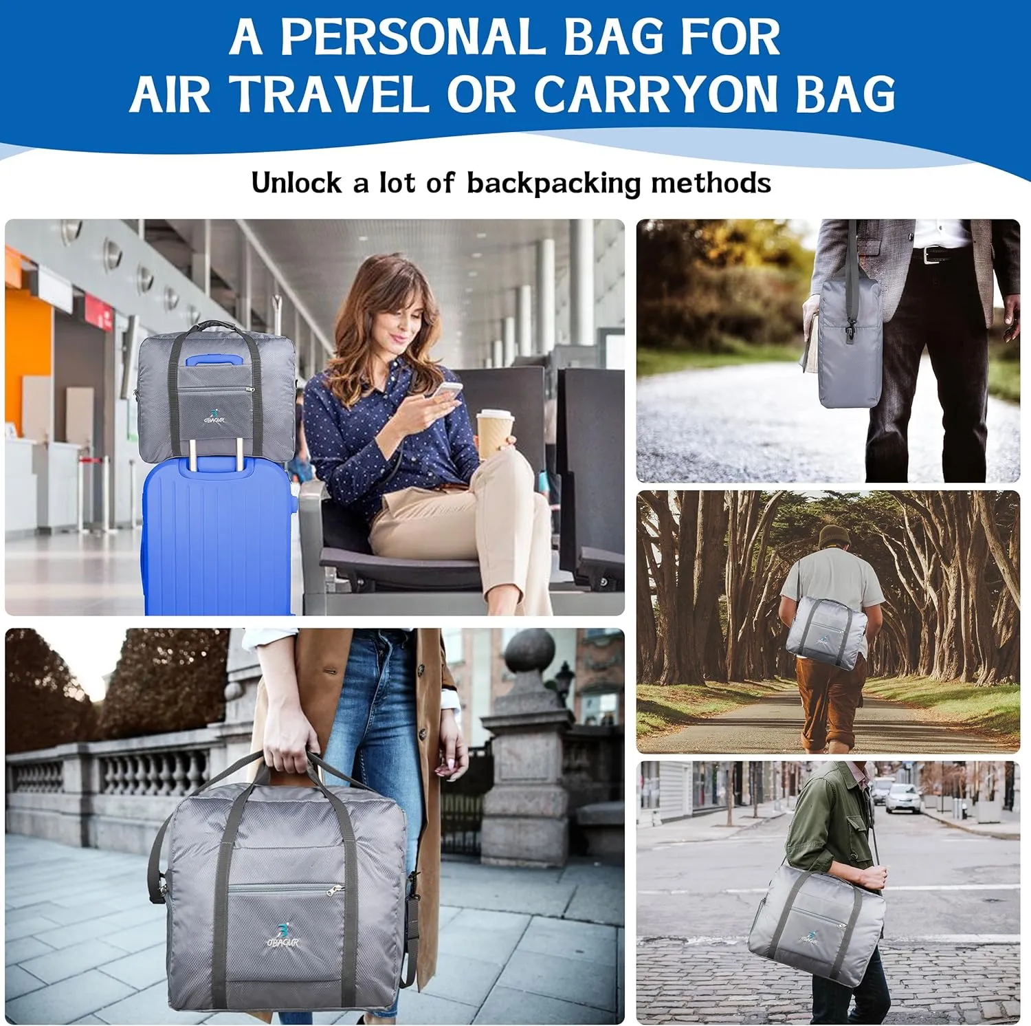 Travel Tote Bag Foldable Travel Duffel Bag For Spirit Airlines Personal Item Bag, Weekender Bags for Men Women with Shoe Compartment, Carry on Overnight Bag(Gray,20L)
