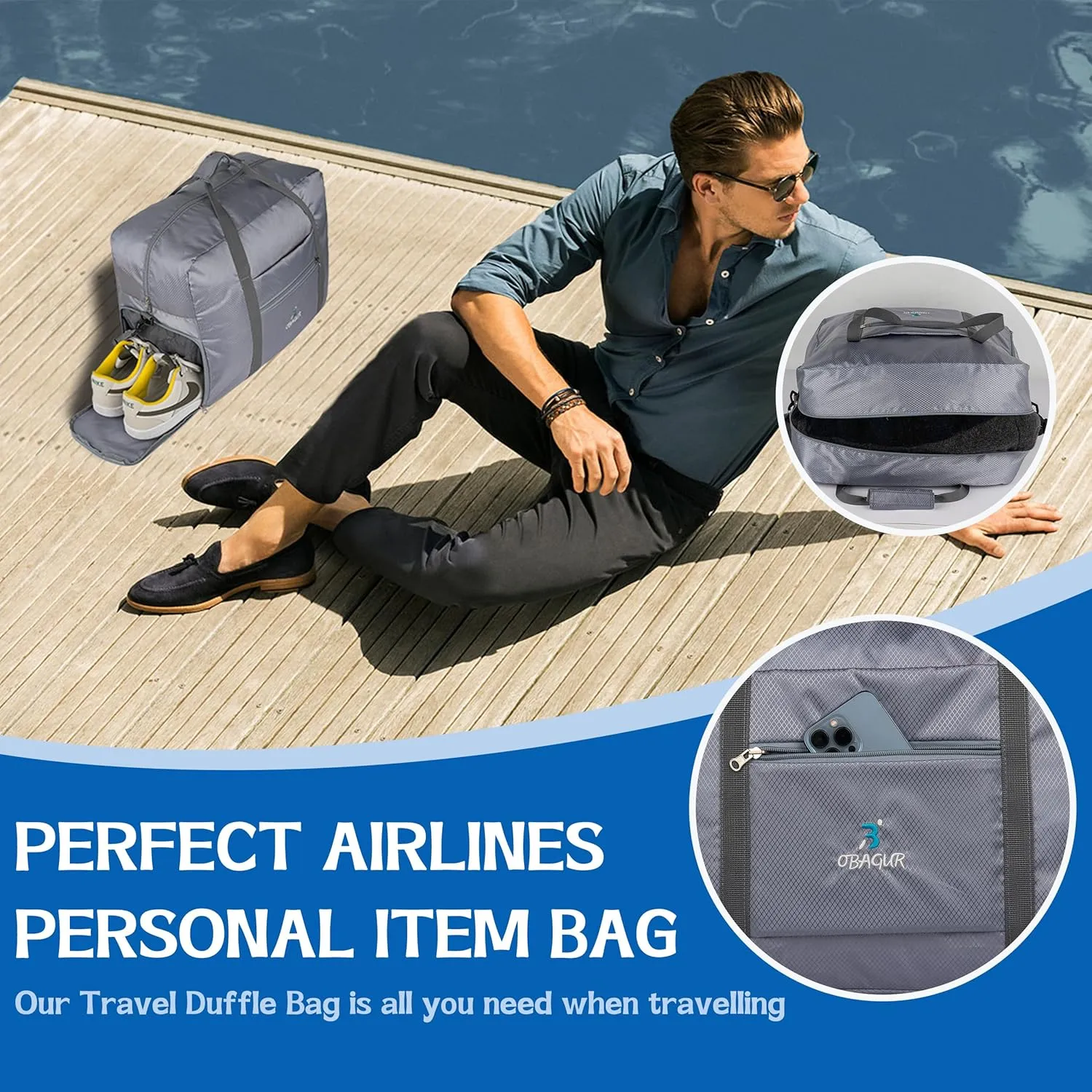 Travel Tote Bag Foldable Travel Duffel Bag For Spirit Airlines Personal Item Bag, Weekender Bags for Men Women with Shoe Compartment, Carry on Overnight Bag(Gray,20L)
