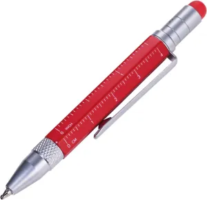 Troika Multi-Tasking Ballpoint Pen (Small), Centimeter/Inch Ruler, Slotted/Phillips Screwdriver, Stylus (Red), Black Lead, Includes 2 Refills, Aluminium/Brass/Steel, Matte, Red