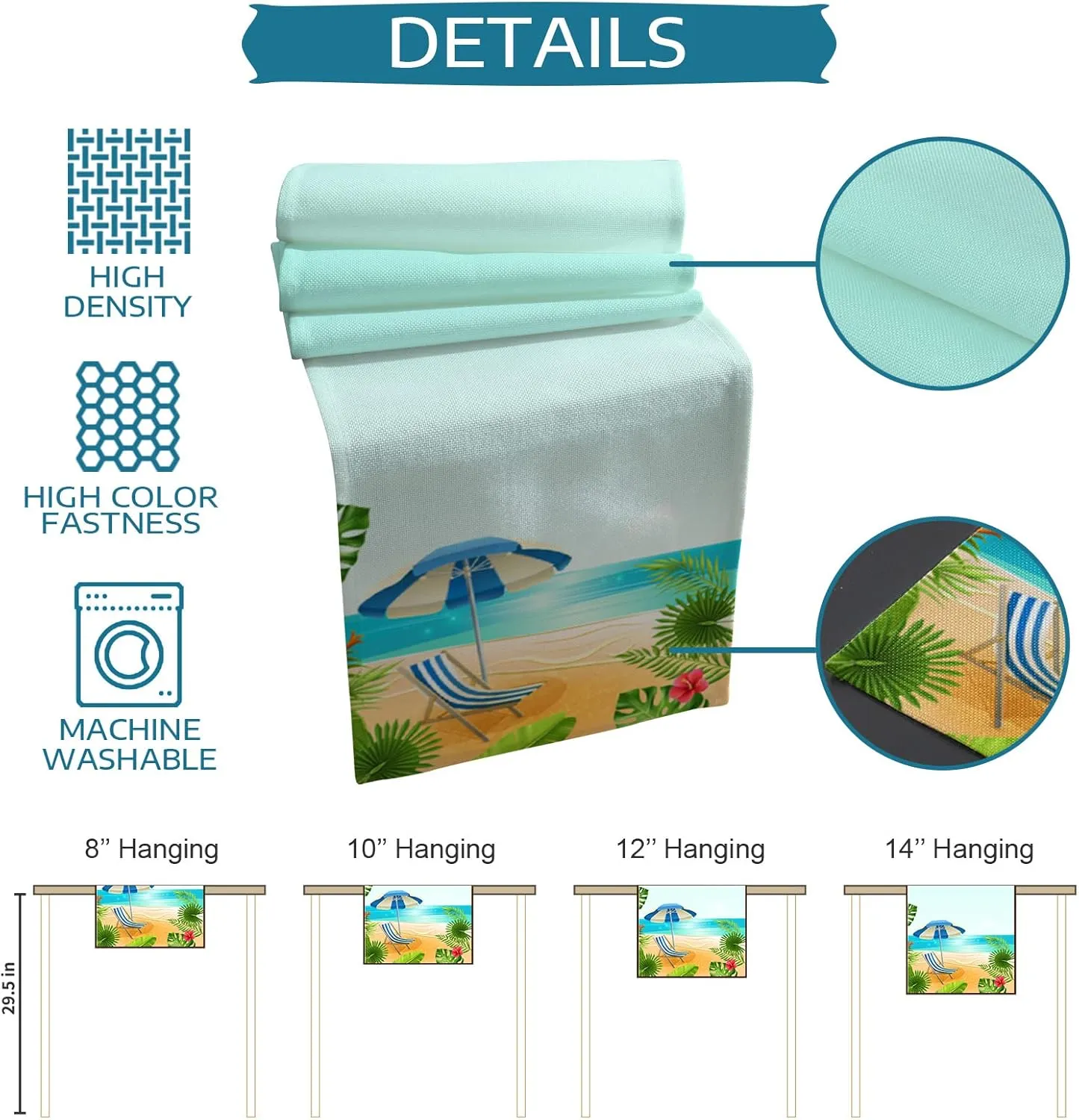 Tropical Summer Beach Table Runner 72 Inches Long - Blue Sky Deck Chair Palm Tree Kitchen Dining Burlap & Cotton Tablerunner for Small/Round/Square/Wedding/Coffee/Dining Table Party Home Décor