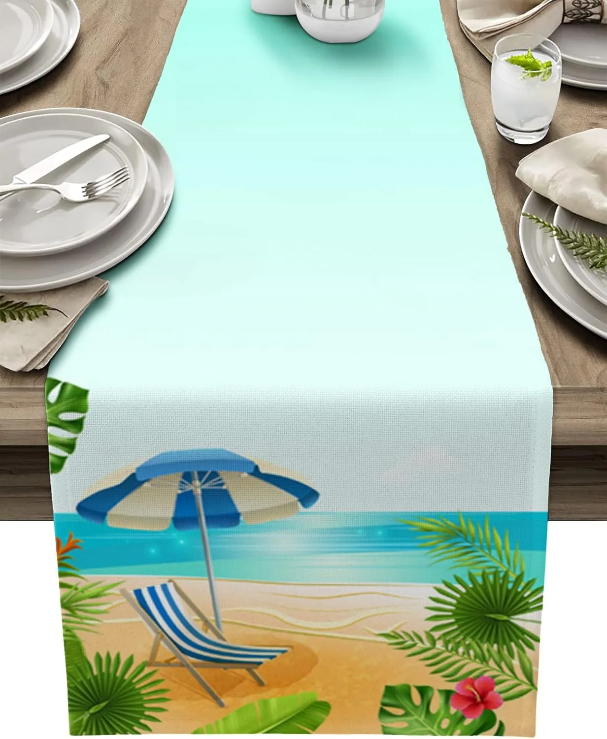 Tropical Summer Beach Table Runner 72 Inches Long - Blue Sky Deck Chair Palm Tree Kitchen Dining Burlap & Cotton Tablerunner for Small/Round/Square/Wedding/Coffee/Dining Table Party Home Décor