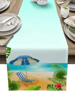 Tropical Summer Beach Table Runner 72 Inches Long - Blue Sky Deck Chair Palm Tree Kitchen Dining Burlap & Cotton Tablerunner for Small/Round/Square/Wedding/Coffee/Dining Table Party Home Décor
