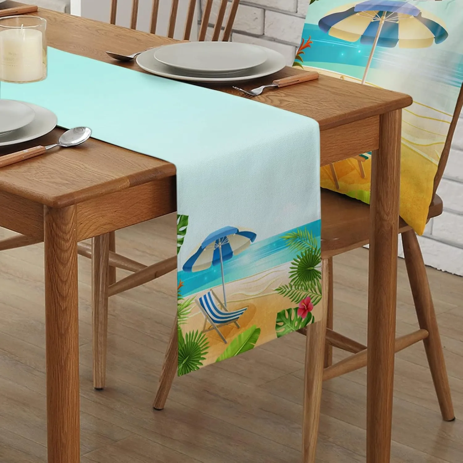 Tropical Summer Beach Table Runner 72 Inches Long - Blue Sky Deck Chair Palm Tree Kitchen Dining Burlap & Cotton Tablerunner for Small/Round/Square/Wedding/Coffee/Dining Table Party Home Décor