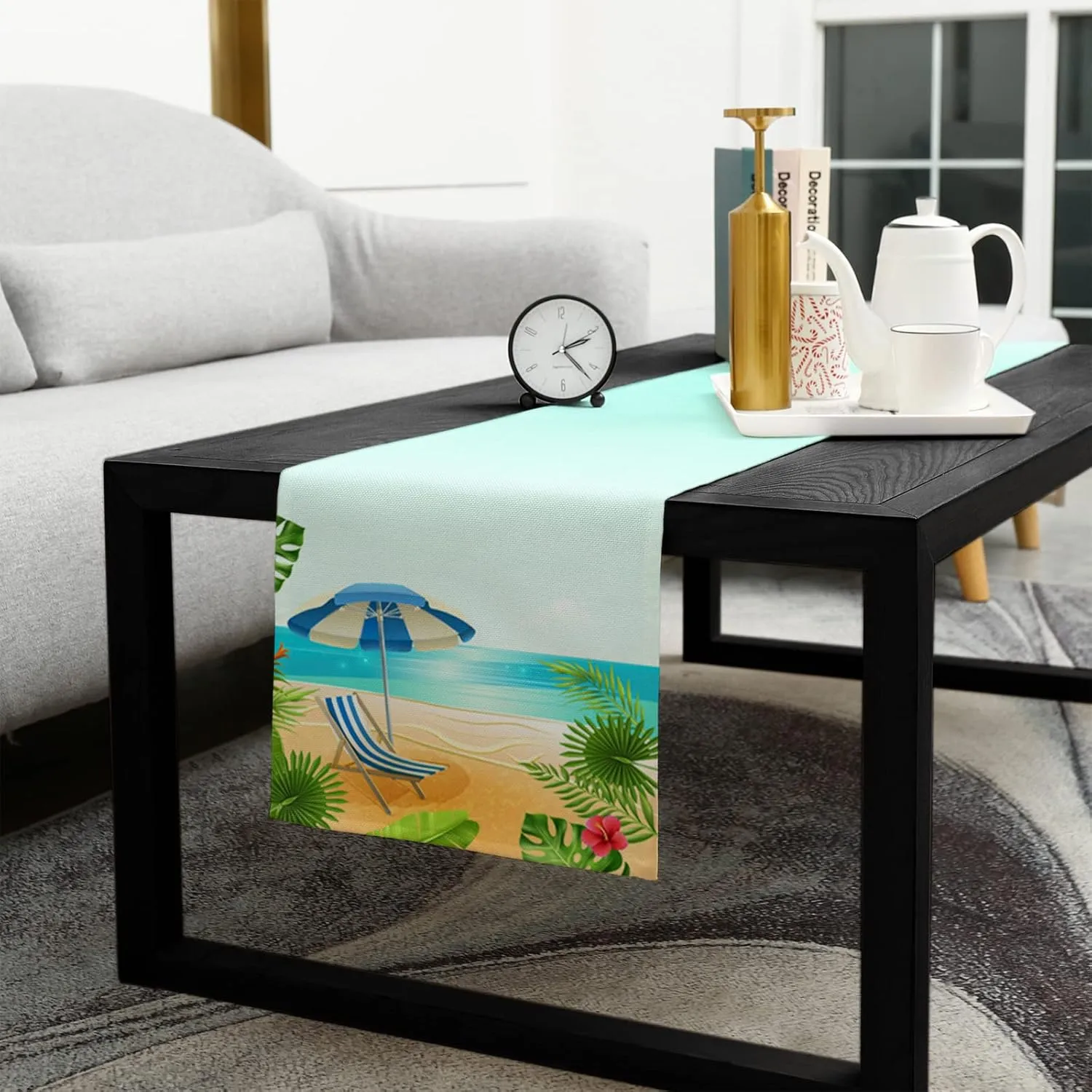 Tropical Summer Beach Table Runner 72 Inches Long - Blue Sky Deck Chair Palm Tree Kitchen Dining Burlap & Cotton Tablerunner for Small/Round/Square/Wedding/Coffee/Dining Table Party Home Décor