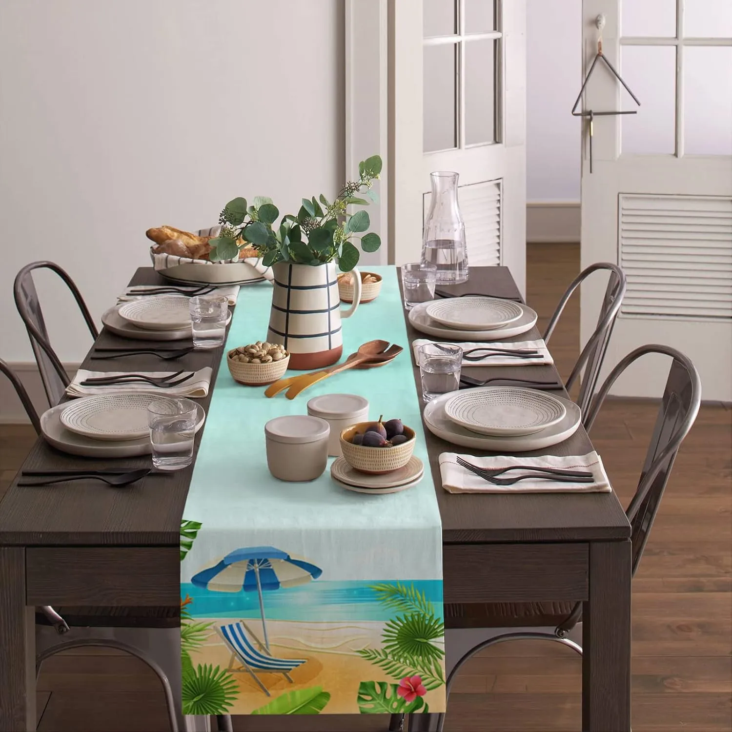 Tropical Summer Beach Table Runner 72 Inches Long - Blue Sky Deck Chair Palm Tree Kitchen Dining Burlap & Cotton Tablerunner for Small/Round/Square/Wedding/Coffee/Dining Table Party Home Décor