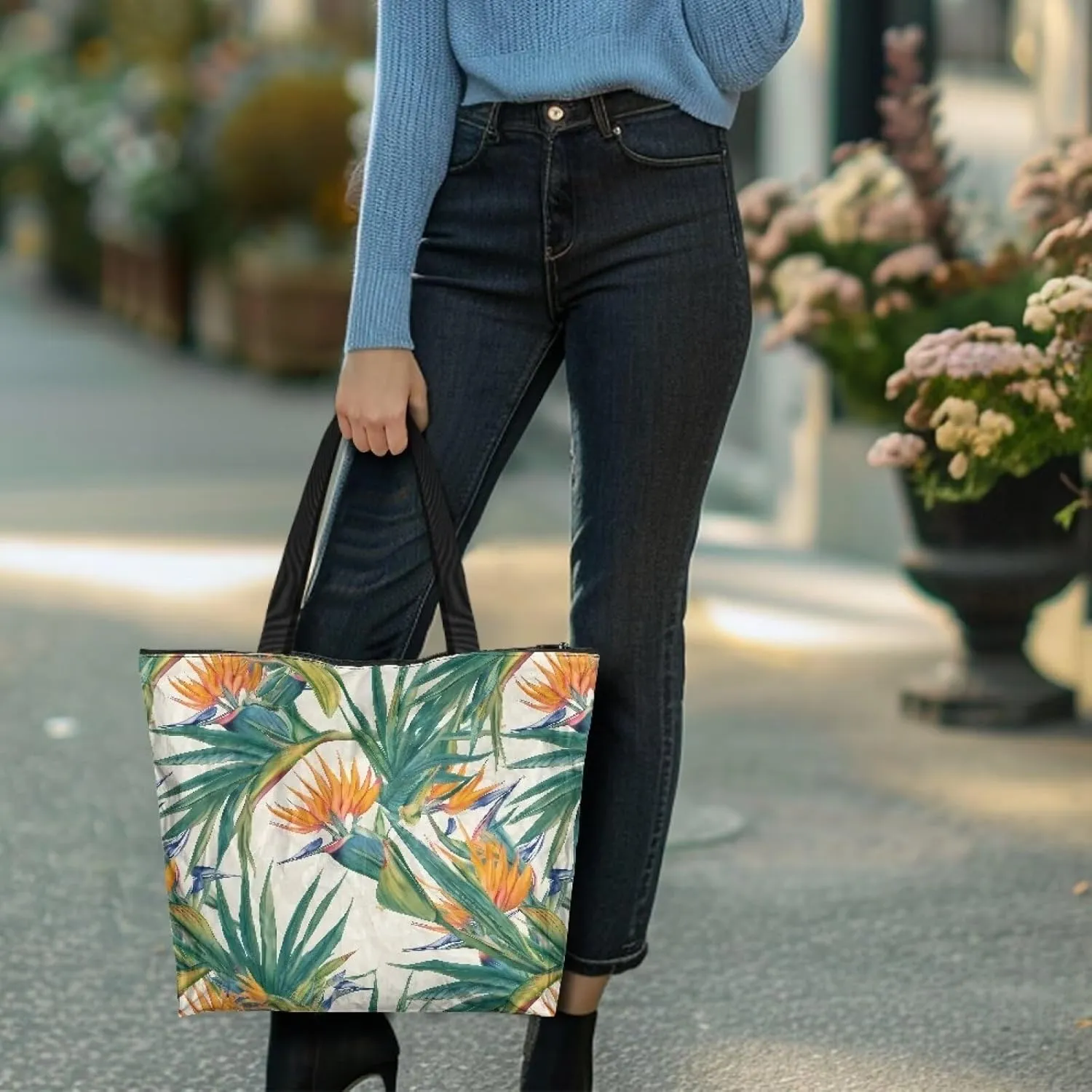 Tropical Waterproof Paper Tote Bag for Women, Hawaii Style Zipper Eco Work Tote Handbag Shoulder Bag for Travel