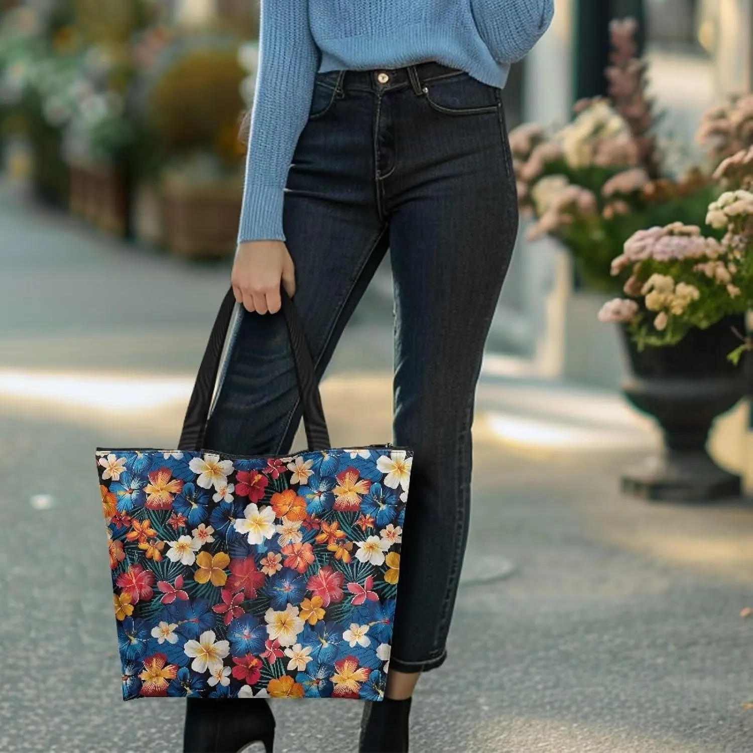 Tropical Waterproof Paper Tote Bag for Women, Hawaii Style Zipper Eco Work Tote Handbag Shoulder Bag for Travel