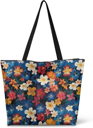 Tropical Waterproof Paper Tote Bag for Women, Hawaii Style Zipper Eco Work Tote Handbag Shoulder Bag for Travel