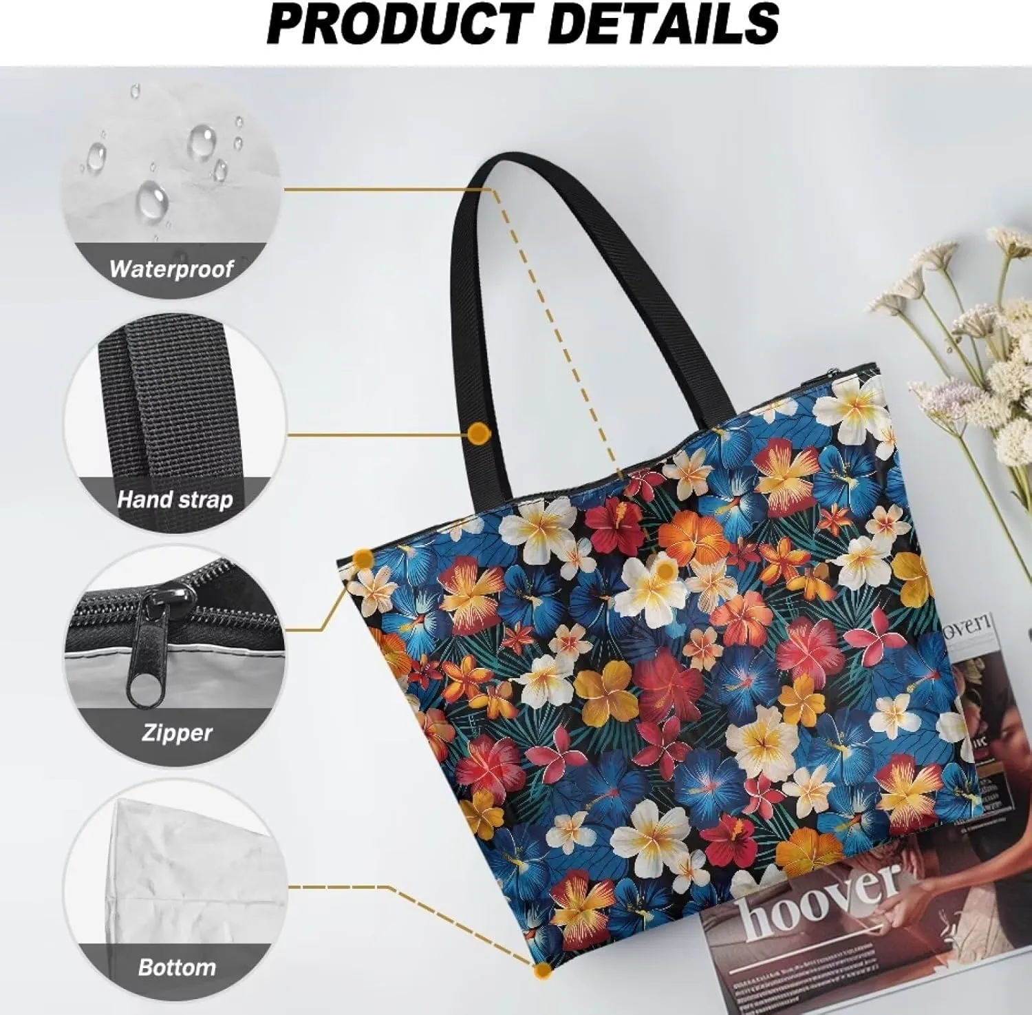Tropical Waterproof Paper Tote Bag for Women, Hawaii Style Zipper Eco Work Tote Handbag Shoulder Bag for Travel