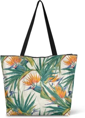Tropical Waterproof Paper Tote Bag for Women, Hawaii Style Zipper Eco Work Tote Handbag Shoulder Bag for Travel