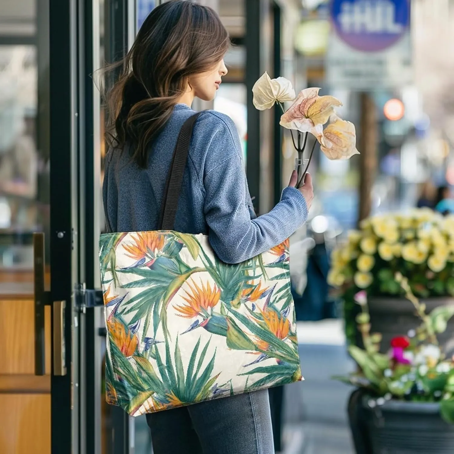 Tropical Waterproof Paper Tote Bag for Women, Hawaii Style Zipper Eco Work Tote Handbag Shoulder Bag for Travel