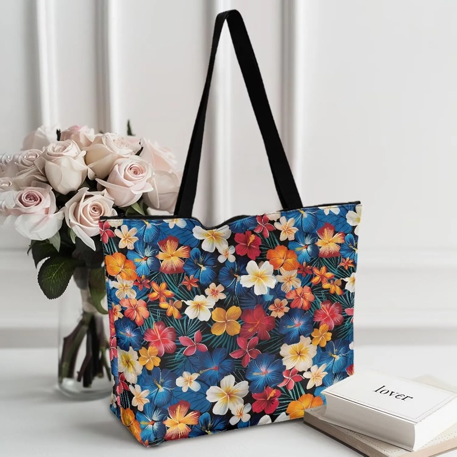 Tropical Waterproof Paper Tote Bag for Women, Hawaii Style Zipper Eco Work Tote Handbag Shoulder Bag for Travel