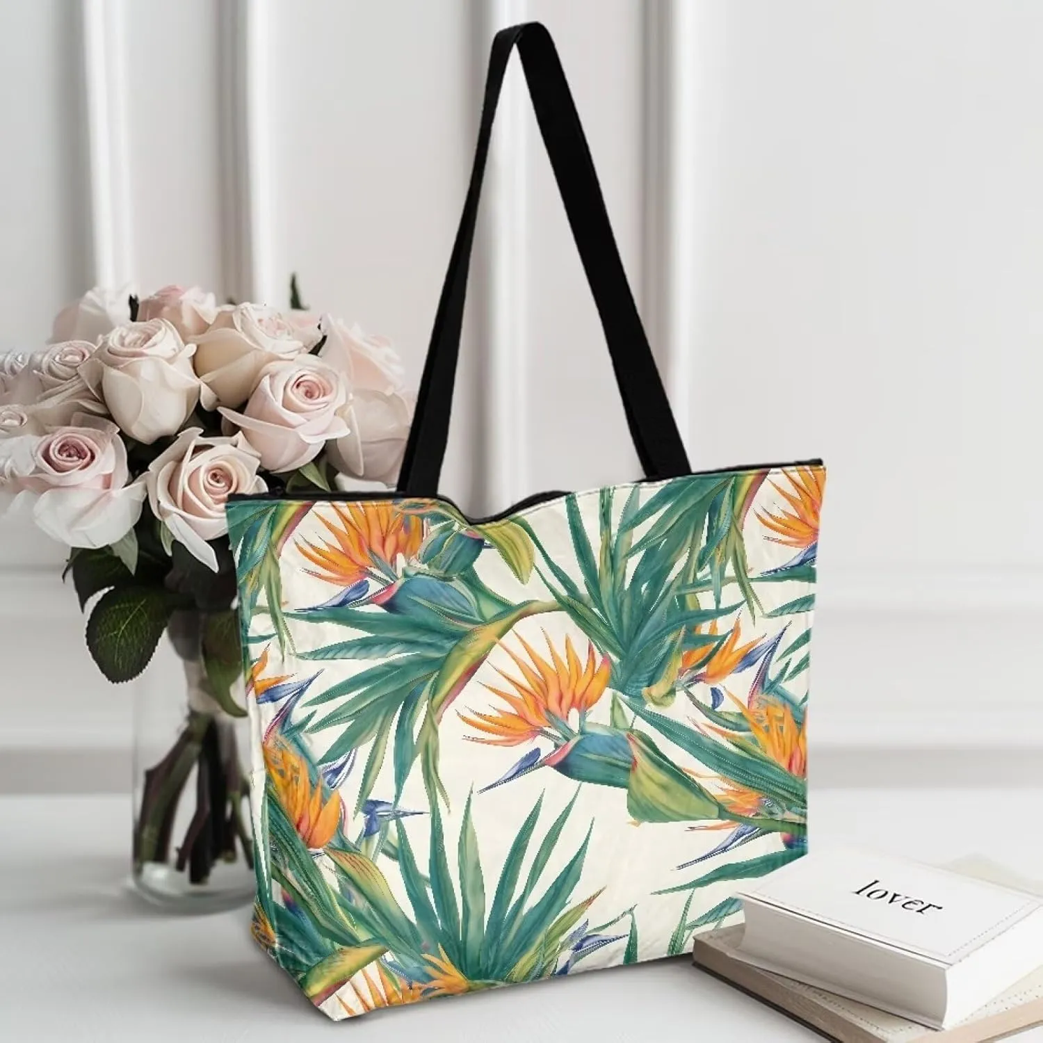Tropical Waterproof Paper Tote Bag for Women, Hawaii Style Zipper Eco Work Tote Handbag Shoulder Bag for Travel