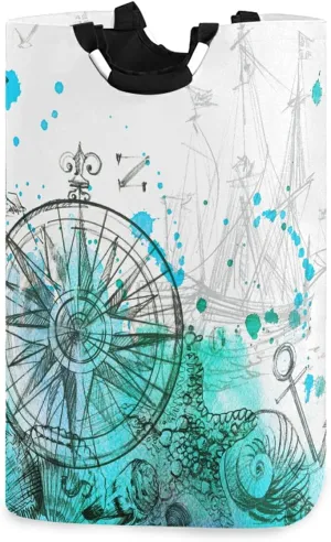 Turquoise Nautical Marine Ship Steering Wheel Seashell Starfish Laundry Hamper Basket Bucket, Foldable Dirty Clothes Bag, Waterproof Fabric Washing Bin, Toy Storage with Handles for Bathroom