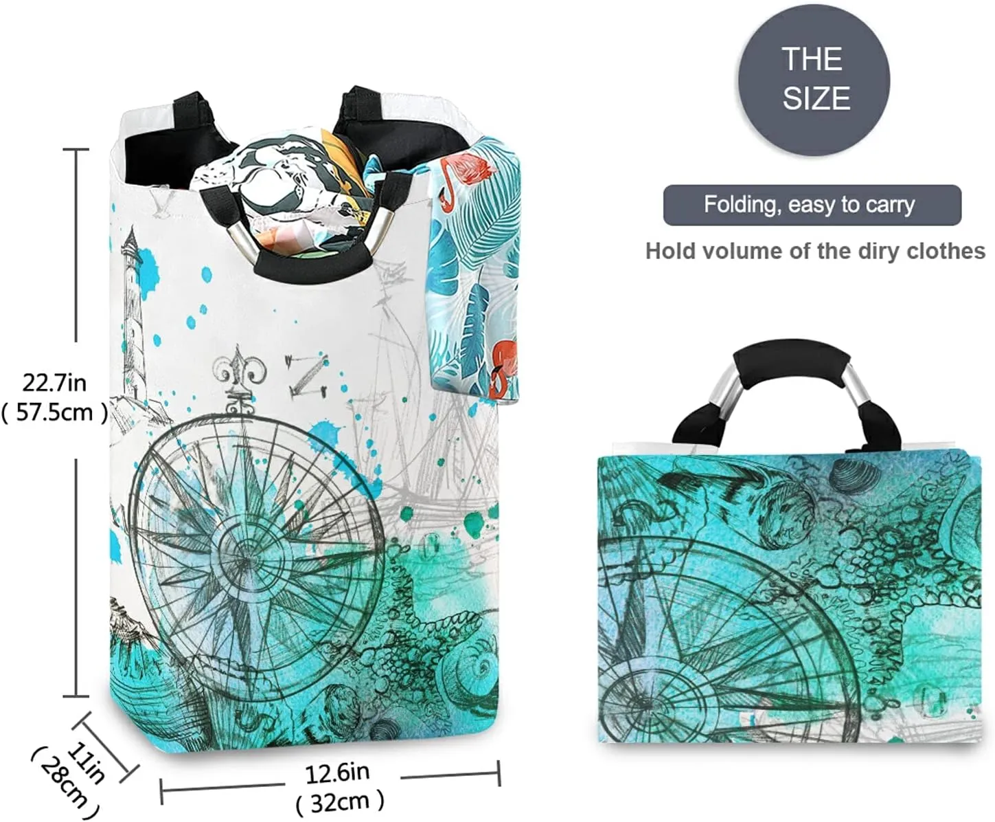 Turquoise Nautical Marine Ship Steering Wheel Seashell Starfish Laundry Hamper Basket Bucket, Foldable Dirty Clothes Bag, Waterproof Fabric Washing Bin, Toy Storage with Handles for Bathroom