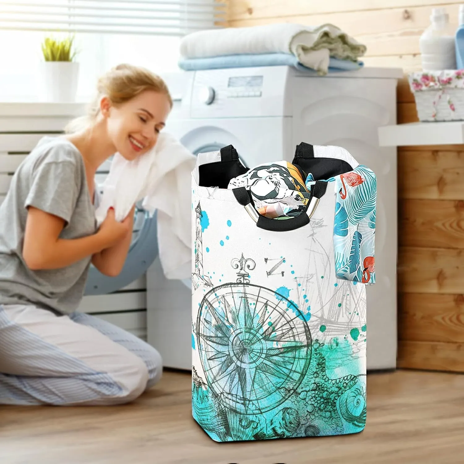 Turquoise Nautical Marine Ship Steering Wheel Seashell Starfish Laundry Hamper Basket Bucket, Foldable Dirty Clothes Bag, Waterproof Fabric Washing Bin, Toy Storage with Handles for Bathroom