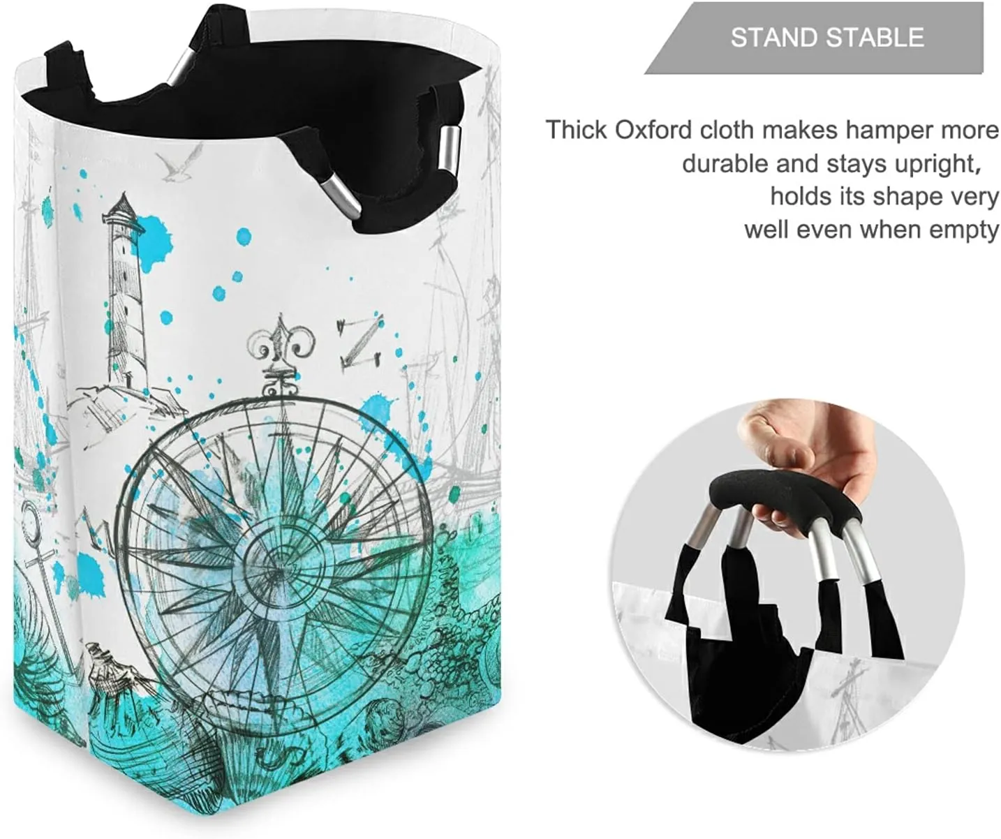 Turquoise Nautical Marine Ship Steering Wheel Seashell Starfish Laundry Hamper Basket Bucket, Foldable Dirty Clothes Bag, Waterproof Fabric Washing Bin, Toy Storage with Handles for Bathroom