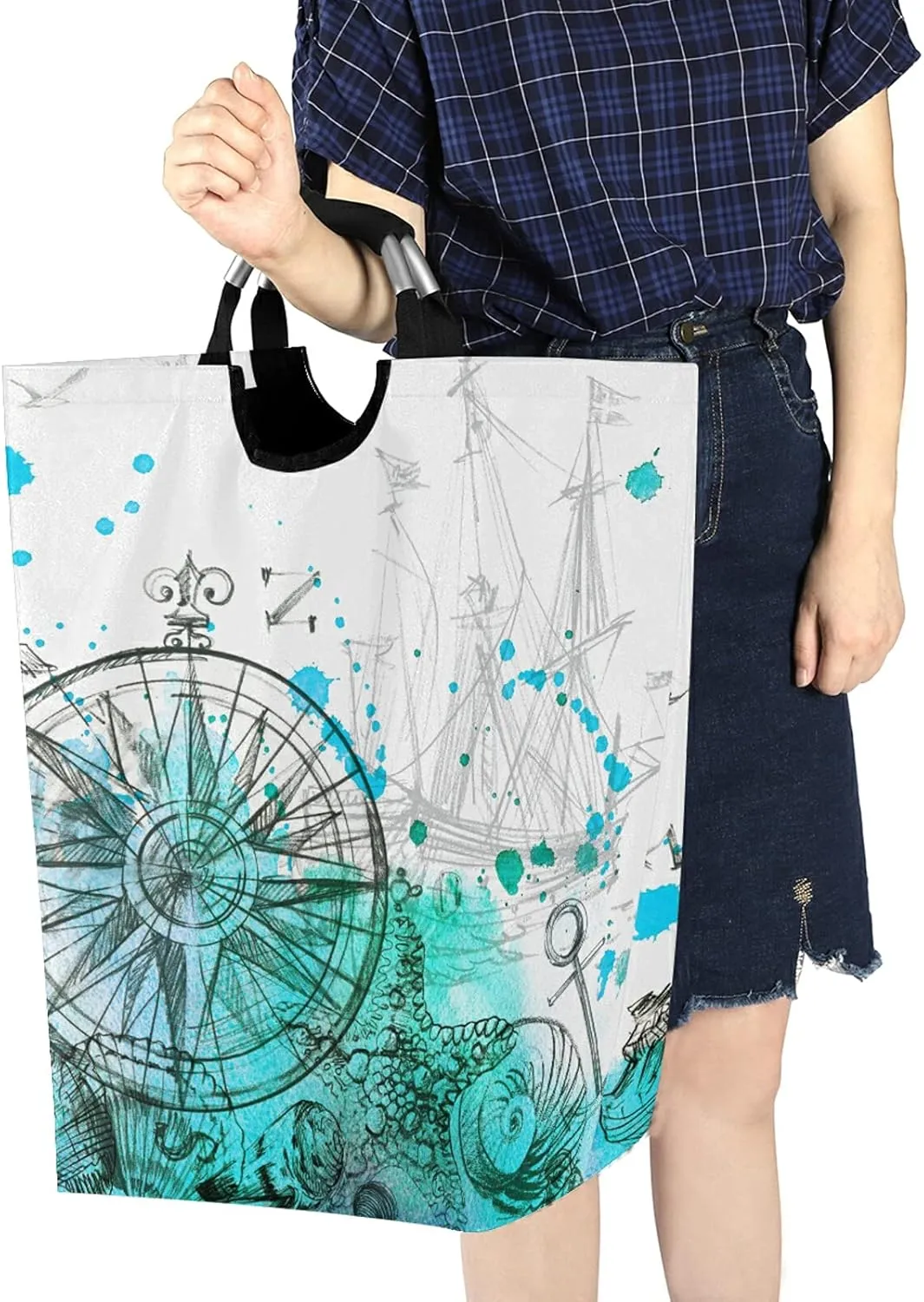 Turquoise Nautical Marine Ship Steering Wheel Seashell Starfish Laundry Hamper Basket Bucket, Foldable Dirty Clothes Bag, Waterproof Fabric Washing Bin, Toy Storage with Handles for Bathroom