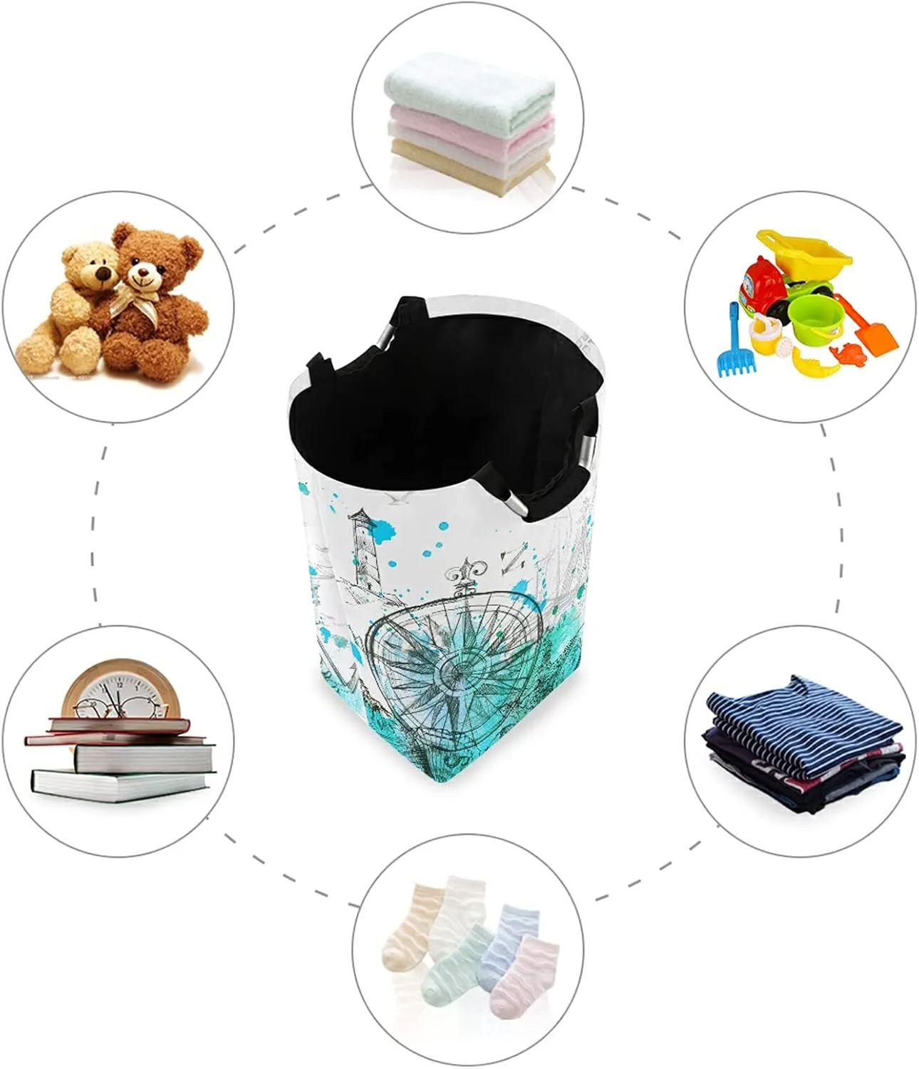 Turquoise Nautical Marine Ship Steering Wheel Seashell Starfish Laundry Hamper Basket Bucket, Foldable Dirty Clothes Bag, Waterproof Fabric Washing Bin, Toy Storage with Handles for Bathroom